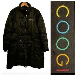 Women's Long Black Coogi Puffer Coat Faux Leather Trim 2x 90s Y2K Retro Urban